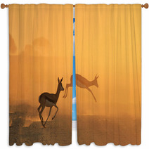 Springbok Antelope - Golden Sunset Wildlife Silhouettes Window Curtains 92949187