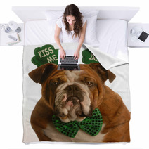 St. Patricks Day - Bulldog Wearing Kiss Me Im Irish Headband Blankets 11952327