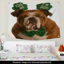 St. Patricks Day - Bulldog Wearing Kiss Me Im Irish Headband Wall Art 11952327