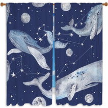 Star Whales Watercolor Pattern Window Curtains 96430631