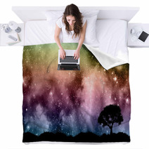 Starfield Night Sky With Tree Silhouettes Blankets 72074231