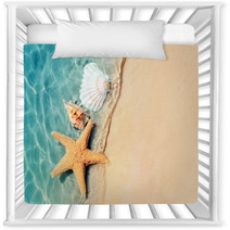 Starfish And Seashell On The Summer Beach In Sea Water Nursery Decor 210075031