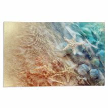Starfish And Seashell On The Summer Beach In Sea Water Rugs 199191527