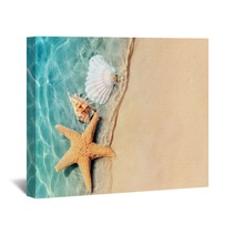 Starfish And Seashell On The Summer Beach In Sea Water Wall Art 210075031