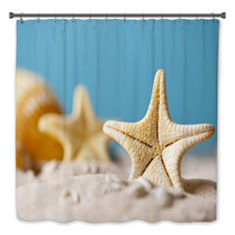 Starfish On Sand And Blue Background Bath Decor 64985103