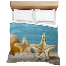 Starfish On Sand And Blue Background Bedding 64985103
