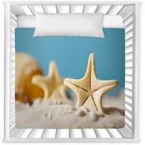 Starfish On Sand And Blue Background Nursery Decor 64985103