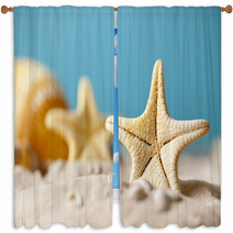 Starfish On Sand And Blue Background Window Curtains 64985103