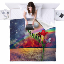 Starry Landscape With Freesia And Rainbow Blankets 70284558