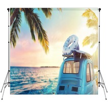 Start Summertime Vacation With An Old Car On The Beach 3d Rendering Backdrops 206383364