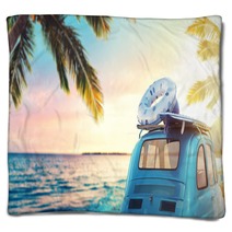 Start Summertime Vacation With An Old Car On The Beach 3d Rendering Blankets 206383364