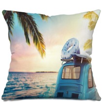 Start Summertime Vacation With An Old Car On The Beach 3d Rendering Pillows 206383364