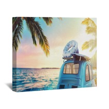 Start Summertime Vacation With An Old Car On The Beach 3d Rendering Wall Art 206383364