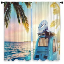 Start Summertime Vacation With An Old Car On The Beach 3d Rendering Window Curtains 206383364