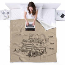 Steam Punk Airship (flying Ship) Engraving Style Blankets 66519518