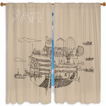 Steam Punk Airship (flying Ship) Engraving Style Window Curtains 66519518