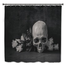 Still Life Black And White Photography With Human Skull And Rose Bath Decor 92383439