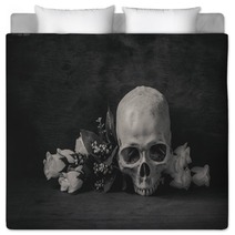 Still Life Black And White Photography With Human Skull And Rose Bedding 92383439