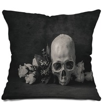 Still Life Black And White Photography With Human Skull And Rose Pillows 92383439