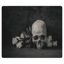 Still Life Black And White Photography With Human Skull And Rose Rugs 92383439