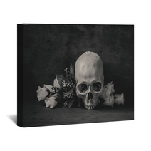 Still Life Black And White Photography With Human Skull And Rose Wall Art 92383439