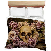 Still Life Human Skull With Roses Background Bedding 102897789