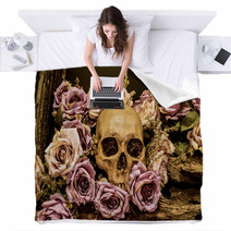 Still Life Human Skull With Roses Background Blankets 102897789