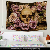 Still Life Human Skull With Roses Background Wall Art 102897789