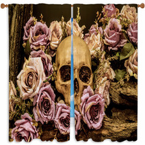 Still Life Human Skull With Roses Background Window Curtains 102897789