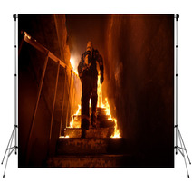 Strong And Brave Firefighter Going Up The Stairs In Burning Building Stairs Burn With Open Flames Backdrops 164563720