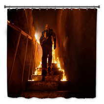 Strong And Brave Firefighter Going Up The Stairs In Burning Building Stairs Burn With Open Flames Bath Decor 164563720