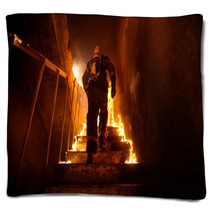 Strong And Brave Firefighter Going Up The Stairs In Burning Building Stairs Burn With Open Flames Blankets 164563720
