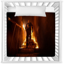 Strong And Brave Firefighter Going Up The Stairs In Burning Building Stairs Burn With Open Flames Nursery Decor 164563720