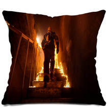 Strong And Brave Firefighter Going Up The Stairs In Burning Building Stairs Burn With Open Flames Pillows 164563720