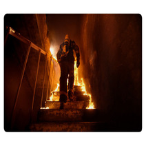 Strong And Brave Firefighter Going Up The Stairs In Burning Building Stairs Burn With Open Flames Rugs 164563720