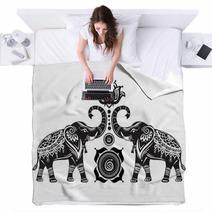 Stylized Decorated Elephants And Lotus Flower Blankets 101323050