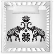 Stylized Decorated Elephants And Lotus Flower Nursery Decor 101323050