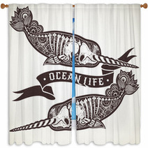 Stylized Skeleton Narwhal Window Curtains 98760460