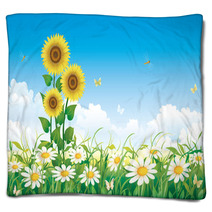 Summer Meadow With Daisies And Sunflowers Blankets 65112527