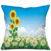 Summer Meadow With Daisies And Sunflowers Pillows 65112527