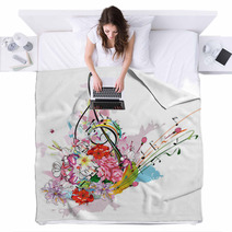 Summer Music With Flowers And Butterfly Colorful Splashes Blankets 108352468