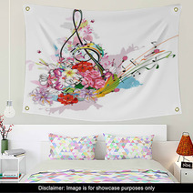 Summer Music With Flowers And Butterfly Colorful Splashes Wall Art 108352468