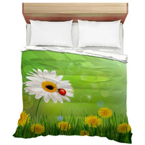 Summer Nature Background With Ladybug On White Flower. Vector. Bedding 52990596