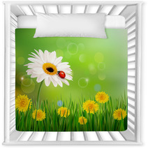 Summer Nature Background With Ladybug On White Flower. Vector. Nursery Decor 52990596