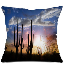 Sun Set And Saguaro Cactus In Saguaro National Park Pillows 34476609