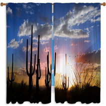 Sun Set And Saguaro Cactus In Saguaro National Park Window Curtains 34476609