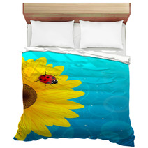 Sunflower And Ladybird On Blue Background. Bedding 52973650