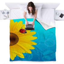 Sunflower And Ladybird On Blue Background. Blankets 52973650
