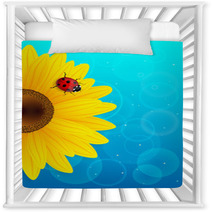 Sunflower And Ladybird On Blue Background. Nursery Decor 52973650