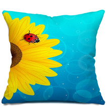 Sunflower And Ladybird On Blue Background. Pillows 52973650